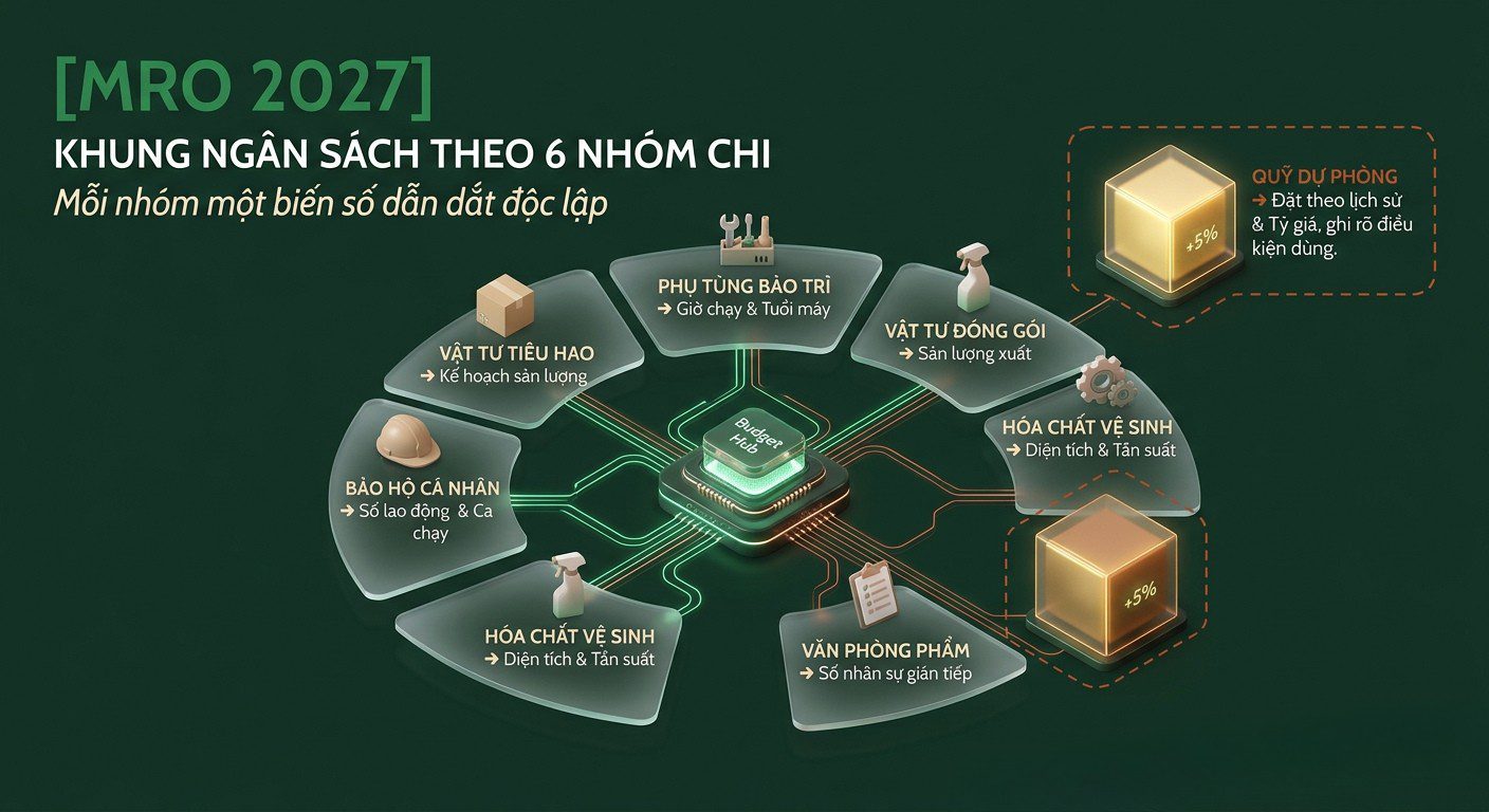 Khung ngân sách vật tư gián tiếp 2027 theo sáu nhóm chi 
