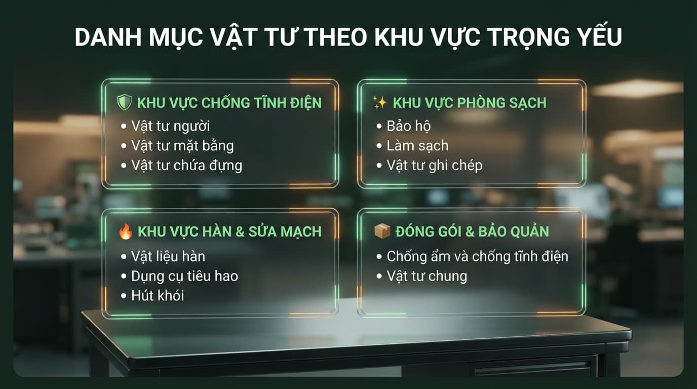 vật tư nhà máy điện tử chia theo khu vực chống tĩnh điện