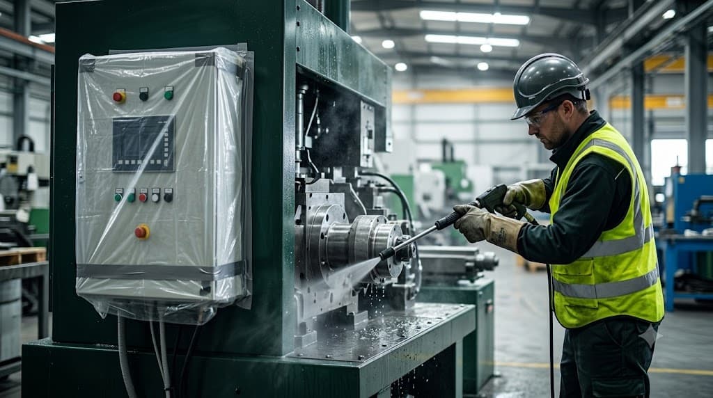 vệ sinh máy móc dính dầu trong nhà xưởng