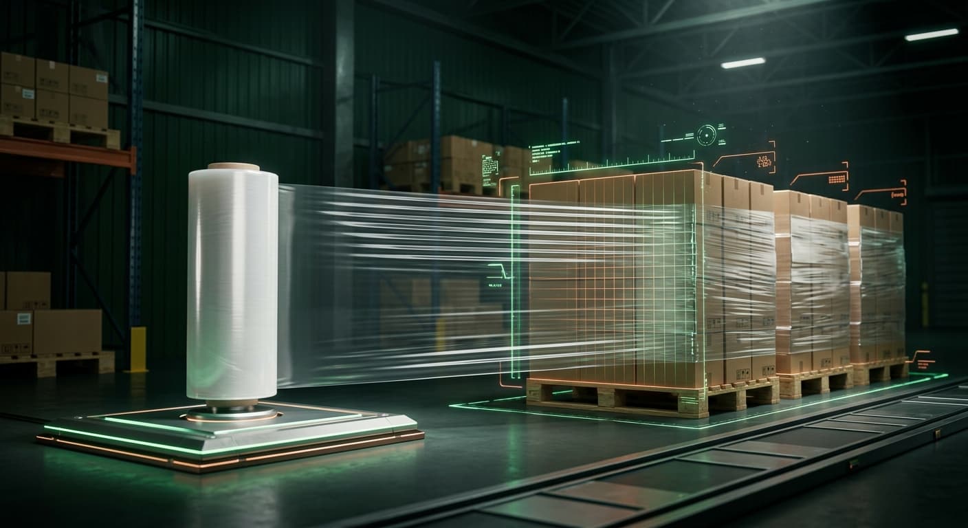 "màng PE quấn pallet hàng xuất trong kho nhà máy